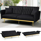 ACMEASE 70” Velvet Futon Sofa Bed with 2 Pillows and Adjustable Armrests, Convertible Sleeper Bed W/Adjustable Backrests, Modern Loveseat for Living Room, Bedroom, Black ACMEASE