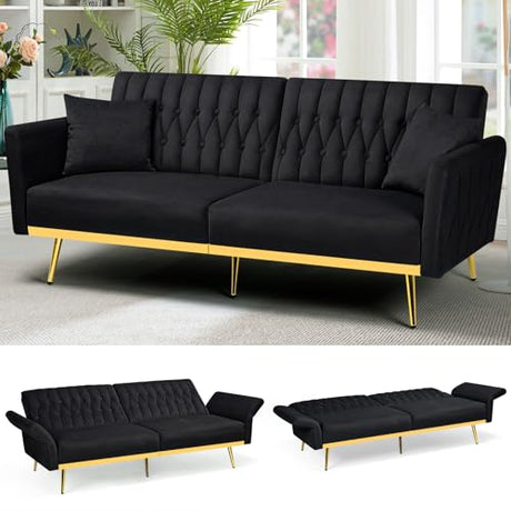 ACMEASE 70” Velvet Futon Sofa Bed with 2 Pillows and Adjustable Armrests, Convertible Sleeper Bed W/Adjustable Backrests, Modern Loveseat for Living Room, Bedroom, Black ACMEASE