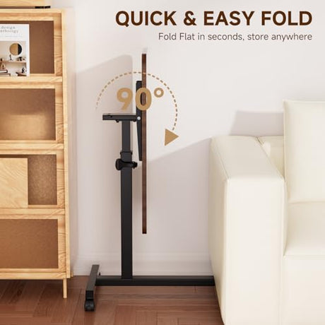 GTPLAYER Small Standing Desk, 24 Inches Mobile Foldable Rolling Laptop PC Table with Lockable Casters, Adjustable Height Overbed Bedside Table Computer Workstation for Home Office, Walnut GTPLAYER