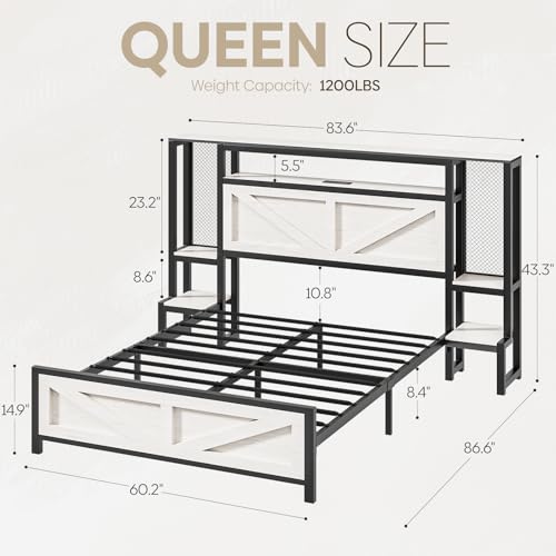 Otevehde Queen Size Rustic Bed Frame with Storage Born Door Headboard and Bedside Storage, Industrial Farmhouse Metal Platform Bed Frame with Charging Station and LED Lights, White Otevehde