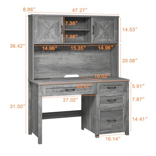 Farmhouse 67" H Executive Desk with Hutch,Office Desk with 4 Drawers and LED light, Wood Workstation for Home Office and Study, Computer Desk with Storage Cabinet,File Drawers, Charging Station.Gray. Befrases