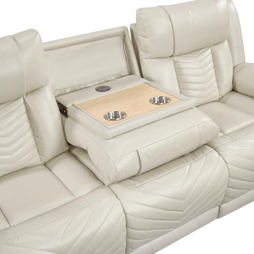 Lexicon Wall Hugger Power Double Reclining Sofa with Center Drop-Down Table, Faux Leather Home Theater Seating with LED Lighting/USB Charging Ports/Wireless Charger/Cup Holders, Magazine Pocket, Beige Lexicon