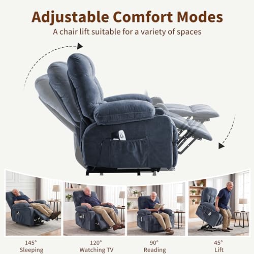 PoteSoar Power Lift Recliner Chair for Elderly with Massage and Heat, Comfortable Electric Power Reclining Chair with Side Pockets,2 Cup Holders and USB Charging Port for Living Room (Blue)