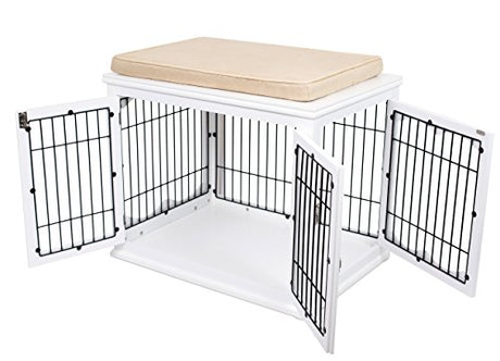 INTERNET'S BEST Decorative Dog Kennel with Pet Bed, Small Pet House, Double Door Indoor Crate, Engineered Wood & Wire Furniture, Side Table & Nightstand, Fits Small Dogs - White Internet's Best