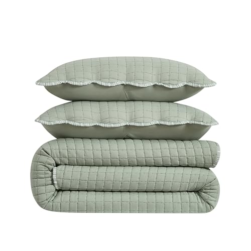 WDCOZY Sage Green Twin Size Quilt Bedding Set, Seafoam Scalloped Farmhouse Country Rustic Lightweight Soft Coverlet for All Season, Cute Cozy Kantha Pick Stitch Bedspread, 1 Pillow Shams WDCOZY