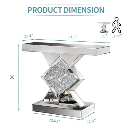 GA Home Silver Mirrored Console Table with Crushed Diamond lnlay, 32" Long Entryway Sofa Table, Shiny Narrow Table for Living Room, Hallway Foyer, Entrance GA Home