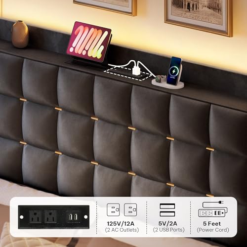 DWVO King Size Bed Frame with 4 Drawers and RGB LED Lights, Velvet Upholstered Platform Bed with Charging Station and Storage Headboard, No Box Spring Needed, Easy Assembly, Noise-Free, Grey DWVO