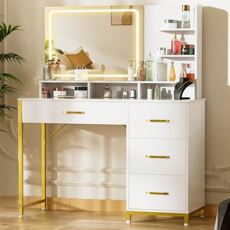 COMHOMA Vanity Desk with Mirror and Lights, Makeup Vanity Table with 4 Drawers & Storage Shelves, Large HD Mirror, 3 Color Modes & Adjustable Brightness, Modern Dressing Table for Bedroom, White/Gold COMHOMA