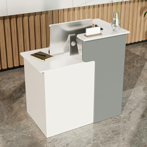 HPLWYM L Shaped Reception Desk with Lockable Drawer, Small Front Desk, Office Reception Room Table, Checkout Retail Counter for Office Lobby Cafe Salon (White+Grey, 39.4"(L) x23.6(W) x39.4(H)) HPLWYM