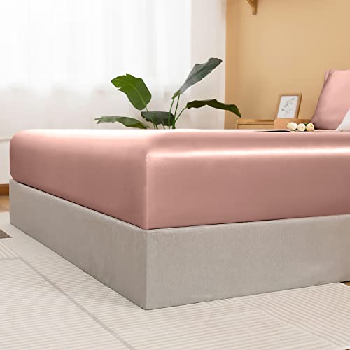 NSGZ Satin Fitted Sheet Full, Single Silky Fitted Sheet Only Soft Deep Pocket Bottom Bed Sheets, Wrinkle Free & Fade Resistant & Breathable Bottom Sheets- Champagne NSGZ