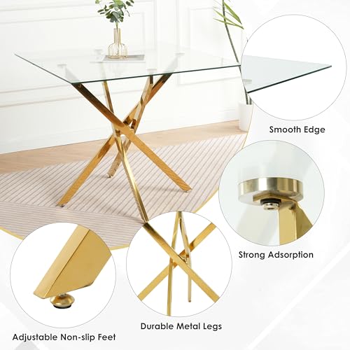 HAIZAO Golden Glass Dining Table Set for 4, 5 Piece Clear Glass Top Dinner Room Set, 36'' Modern Luxury Square Kitchen Table Set with Ivory Woven Chair, for Small Living Room Home HAIZAO