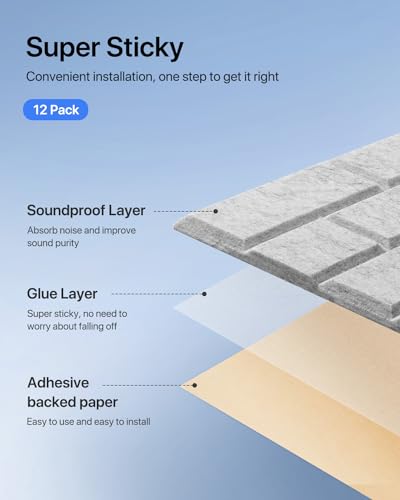 Soundproof Wall Panels Self-Adhesive Acoustic Panels Sound Absorbing Panels 12 Pack Noise Cancelling Wall Panels Brick Soundproof Adhesive Panels For Wall Decoration, Acoustic Treatment 12"×12"×0.4" Soundsbay