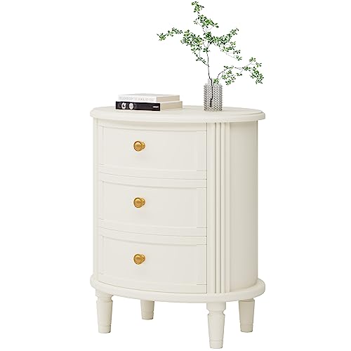 LITTLE TREE No Assembly Nightstand with 3 Drawers, Farmhouse Off-White Bedside Table for Bedroom, All Wooden Oval Nightstand with Storage LITTLE TREE