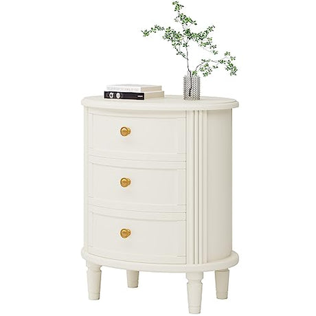 LITTLE TREE No Assembly Nightstand with 3 Drawers, Farmhouse Off-White Bedside Table for Bedroom, All Wooden Oval Nightstand with Storage LITTLE TREE