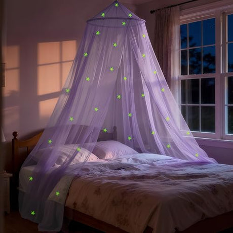 LionLively Purple Bed Canopy for Girls with Glow-in-The-Dark Stars, Princess Canopy Curtains Fits Single, Twin, Full, Queen Size Bed, Bedroom Accessories, Ceiling Tent LionLively