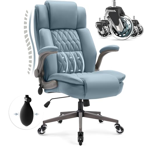 Large High Back Office Chair - Adjustable Lumbar Support Flip Up Arms Heavy Duty Quiet Wheels Metal Base Breathable Bonded Leather Ergonomic Executive Computer Desk Chair with Storage Bags, Blue HAMAOKA