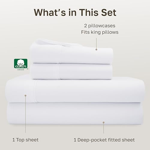 California Design Den King Size Sheets Set - Soft 400 Thread Count Sateen, Natural 100% Cotton Sheets King Size, Deep Pockets with All Around Elastic for a Snug Fit, Durable Bedding - White California Design Den
