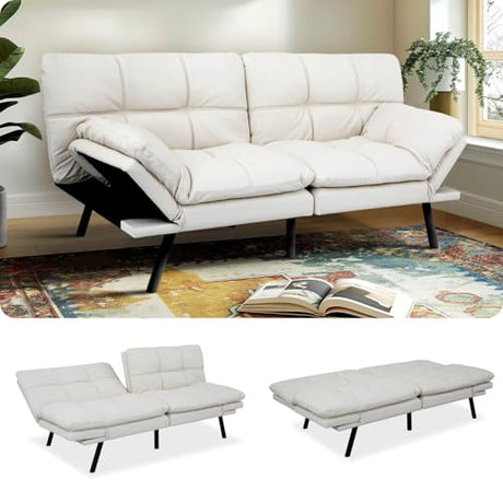 MUUEGM Convertible Memory Foam Sofa Bed with Adjustable Backrest & Armrest, Modern Futon Couch for Living Room, Office, Apartment, Space-Saving Design, Easy Assembly,White MUUEGM
