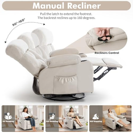 Comermax Rocking Recliner with Heat and Massage, Wide Seat Heated Massaging Reclining Chair for Home Theater, Faux Leather Manual Swivel Rocker Recliner Chair with Cup Holder for Adult, Beige Comermax
