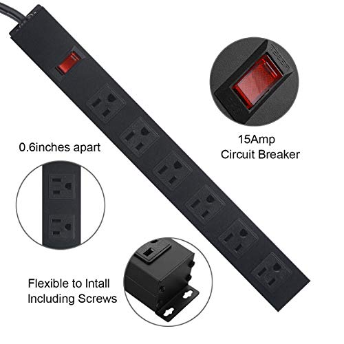 Metal Wall Mount Power Strip, Mountable Power Outlet with 6 AC Outlets, Aluminum Alloy Mount Power Socket with Switch, 6 FT SJT 3/C 14AWG Power Cord, 15A 125V 1875W (6AC) Black HHSOET