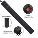 Metal Wall Mount Power Strip, Mountable Power Outlet with 6 AC Outlets, Aluminum Alloy Mount Power Socket with Switch, 6 FT SJT 3/C 14AWG Power Cord, 15A 125V 1875W (6AC) Black HHSOET