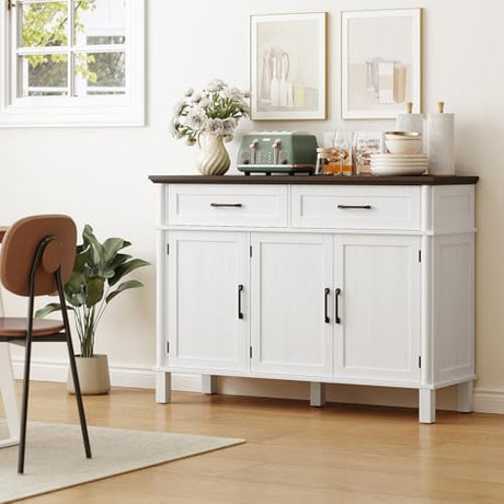 48 Inches Buffet Cabinet with Storage, Farmhouse Sideboard Buffet w/2 Drawers and 3 Doors, Wood Coffee Bar Cabinet with Adjustable Shelves, Sideboard Storage for Kitchen, Living Room, Off White ONBRILL