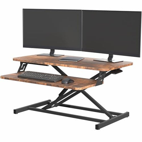 VIVO Height Adjustable 32 inch Stand Up Desk Converter, Quick Sit to Stand Tabletop Dual Monitor Riser Workstation, Rustic Vintage Brown Desktop, Black Frame, DESK-V000SN VIVO