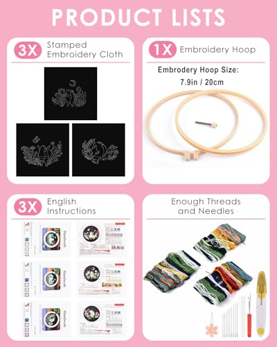 TINDTOP 3 Sets Embroidery Kit for Adults, Frog Embroidery Practice Kit for Beginners Include Embroidery Cloth Hoops Threads for Craft Lover Hand Stitch with Embroidery Skill Techniques TINDTOP