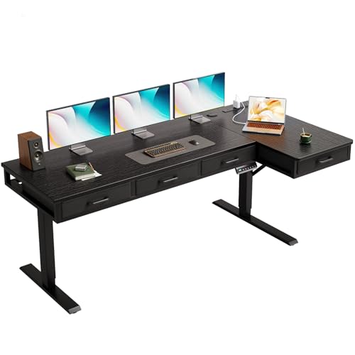 OffiGo 63 Inch L Shaped Electric Standing Desk with Drawers, Height Adjustable Large Desk with Power Outlets, Sit Stand Table, Writing Computer Desk for Home, Office, Workstation, Black OffiGo