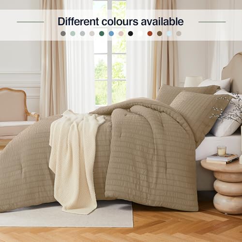 Quataly Brown Full Comforter Set - 3 Pieces Seersucker Lightweight Bedding Comforter Sets (1 Soft Fluffy Comforter & 2 Pillowcases) - All Seasons Cozy Modern Bed Sets Quataly