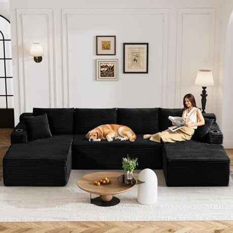 133" Oversized Cloud Boneless Sofa Couch with Chaise, Modern Corduroy U Shaped Modular Sectional Sofa with Deep Seat, Comfy Couch with Cupholders and Storage, No Assembly Required-Black VYNELITO