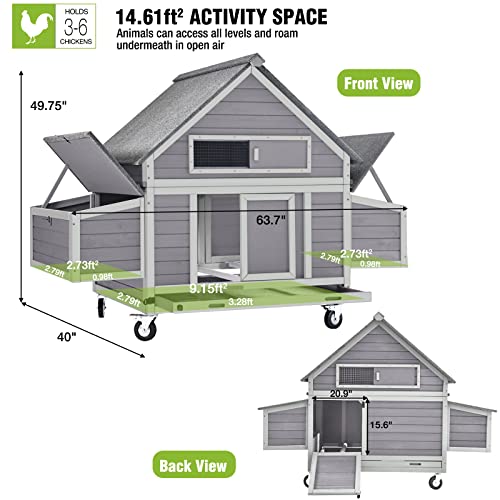 GUTINNEEN Chicken Coop Movable Large Duck Cage On Wheels Outdoor Rabbit Hutch Wooden Hen House with Two Nesting Boxes