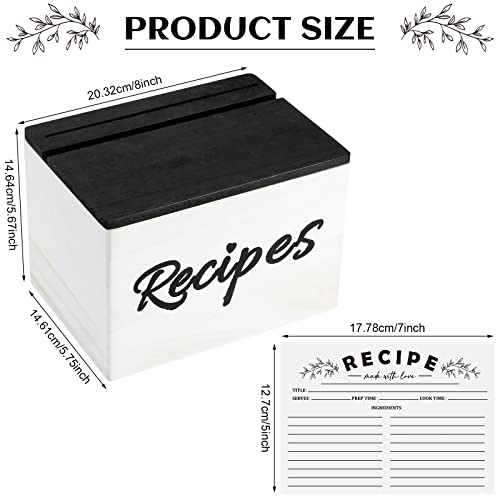 Hoteam Wooden Recipe Box with Cards and Rustic Wood Recipe Card Holder with 50 Pcs 5 x 7 Recipe Cards Set Farmhouse Recipe Organization Box with Dual Slots for Phone Kitchen Decoration (White) Hoteam