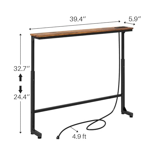 Kitstorack Narrow Console Table Behind Sofa Couch, Design with Adjustable Height (25"-33") & Power Outlets, Small Entryway Table - 5.9" D x39.4 L, Rustic Brown Kitstorack