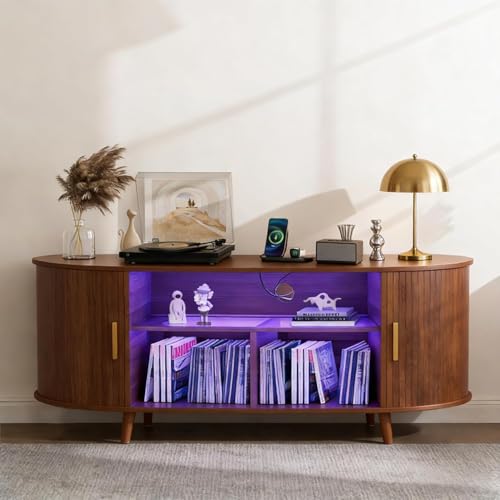 KSOBEBVT Record Player Stand with Vinyl Storage, Modern Media Cabinet with Charging Station & LED Lights, Sliding Door Turntable Stand, Audio-Visual Shelving Unit for Living Room KSOBEBVT