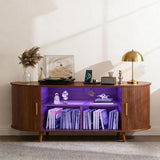 KSOBEBVT Record Player Stand with Vinyl Storage, Modern Media Cabinet with Charging Station & LED Lights, Sliding Door Turntable Stand, Audio-Visual Shelving Unit for Living Room KSOBEBVT