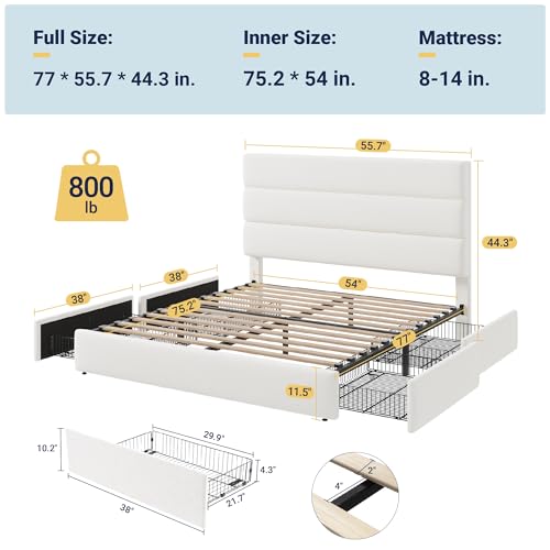 Allewie Modern Full Size Platform Bed Frame with 4 Storage Drawers and Velvet Upholstered Headboard, Wooden Slats Support, Upholstered Mattress Foundation/No Box Spring Needed/Easy Assembly, White Allewie