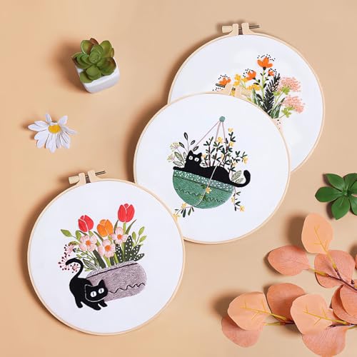 RidaaFri Embroidery Kit for Beginners, Set of 3 Stamped DIY Kits with Cat, Floral, Plant Patterns for Adults, Includes Hoop, Needles, Floss, Step-by-Step Video Tutorial, Complete Sewing Craft Supplies