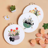 RidaaFri Embroidery Kit for Beginners, Set of 3 Stamped DIY Kits with Cat, Floral, Plant Patterns for Adults, Includes Hoop, Needles, Floss, Step-by-Step Video Tutorial, Complete Sewing Craft Supplies