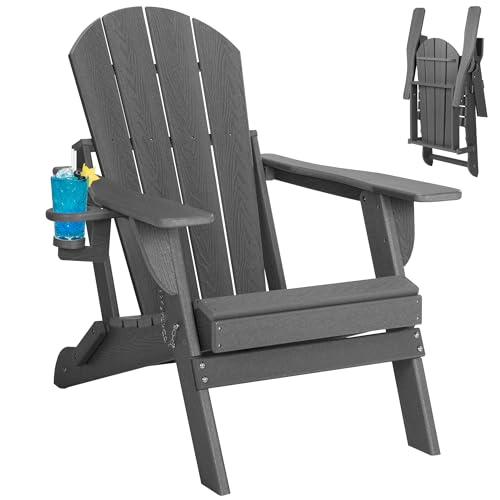 Folding Adirondack Chair, Patio Chair with Cup Holder, Wood Texture Fire Pit Chair, Heavy Duty HDPE Weather Resistant for Outdoor Lawn Porch Garden Backyard Deck (Grey) Rengue
