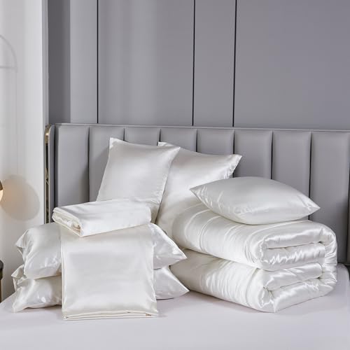Bedding_Dreamer Silk Like White Comforter Set with Sheet Set King Size 8 Pieces Satin Bedding Set Silky Bed-in-a-Bag Luxury Hotel Soft Silky Comforter Set with 1 Cushion Cover Vegan Silky Bed Set Bedding_Dreamer