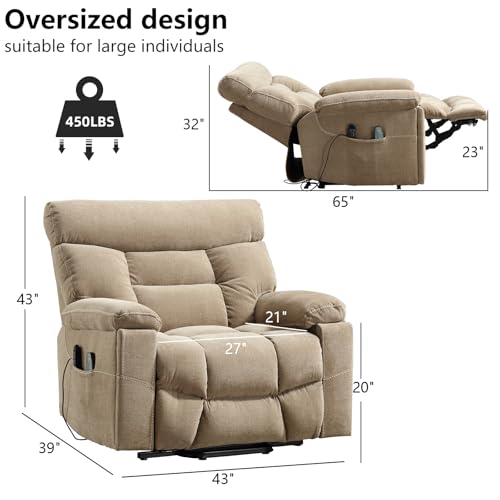 CANMOV Dual Motor Power Lift Recliner Chair for Elderly, 27" Extra-Wide Seat 450 lbs Weight Capacity Infinite Position Adjustment, with Heated Massage, Cup Holders and USB Port, Camel Fabric