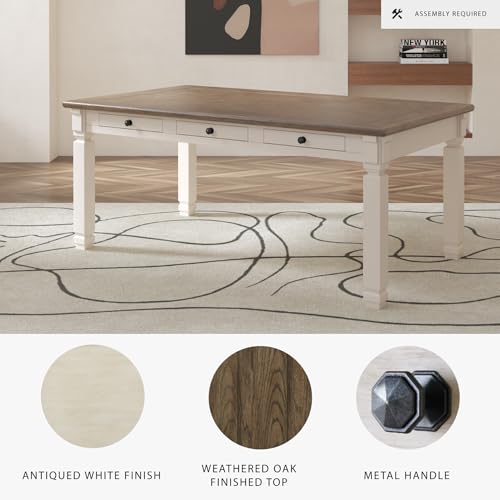 Signature Design by Ashley Bolanburg Farmhouse Rectangular Dining Table, 3 Drawers On Each Side, Seats 6, Wood, 71.88" W x 39.88" D x 31.13" H, Whitewash Signature Design by Ashley