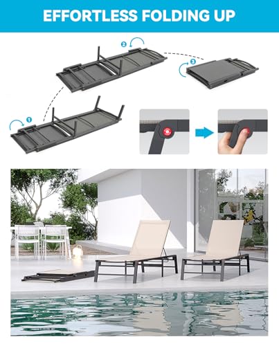 FHVIT Aluminum Chaise Lounge Chair Outdoor, Foldable Patio Lounge Chair Assemble-Free, Pool Lounge Chairs with 5 Adjustable Backrest, Outdoor Lounge Chairs for Outside Poolside Beach Lawn Beige FHVIT