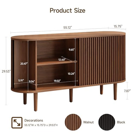 ONBRILL 55" Buffet Sideboard Cabinet with Sliding Doors, Mid-Century Modern Sideboard Buffet Cabinet with Storage & Adjustable Shelves, Accent Coffee Bar Console Table for Kitchen, Entryway, Walnut ONBRILL