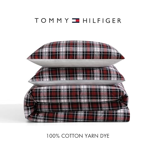 Tommy Hilfiger - Duvet Set, Luxuriously Soft Yarn-Dyed Cotton Bedding with Matching Sham, Plaid Design (Essential Tartan Red, Twin) Tommy Hilfiger