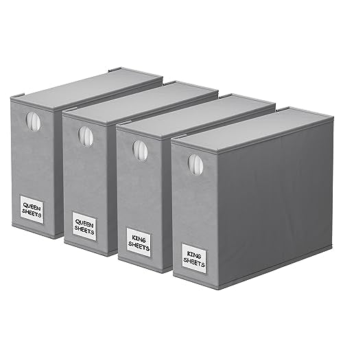 SpaceAid 4 Pack Bed Sheet Organizers and Storage, Foldable Organizer for Linen Closet, Sheets Set Folder Keeper with Window XL (Queen & King Size) Organizing Bedding Container, Gray 91ZDSN-SL01-G4 SpaceAid