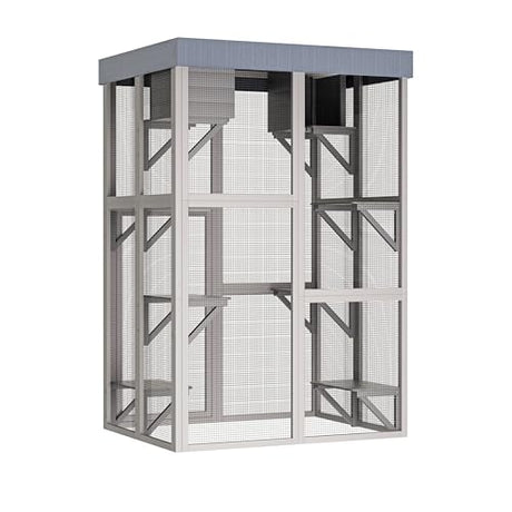 YOPTO 70.5" H Catio Outdoor Cat Enclosure,Cat House with Waterproof Roof and Large Enter Door,Wooden Shelter W/ 6 Jumping Platforms & 2 Napping Houses,Cats Cage for Walk in Kitten Kennel,Gray YOPTO