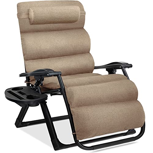 Best Choice Products Oversized Zero Gravity Chair, Folding Outdoor Patio Recliner, XL Anti Gravity Lounger w/Removable Cushion, Cup Holder, Side Tray, 350lb Capacity - Wheat Best Choice Products
