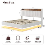 IDEALHOUSE King Floating Bed Frame with LED Lights & Charging Station, Upholstered Platform Bed with Storage Headboard, Wood Slats Support, No Box Spring Needed, Easy to Assemble, White IDEALHOUSE